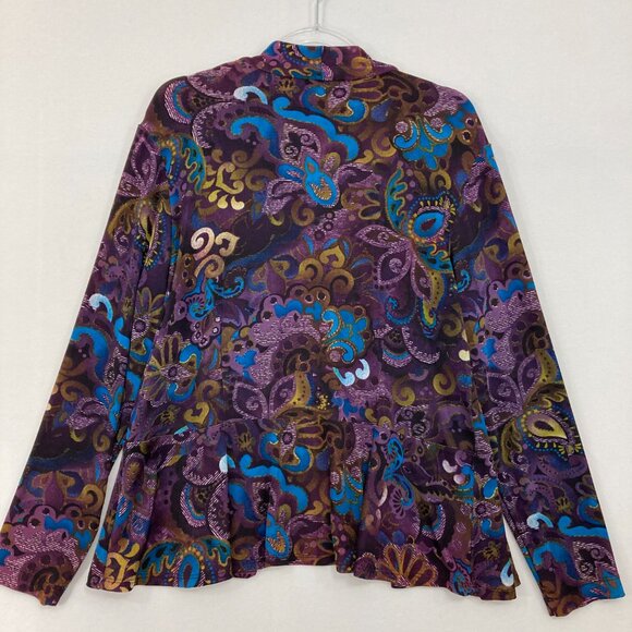 Chico's Travelers size Large/2 Purple Blue Floral Artsy Slinky Knit Open Jacket - Picture 9 of 10